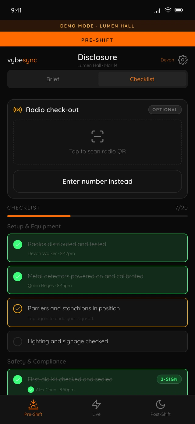 vybesync pre-show setup checklist, shown in the app