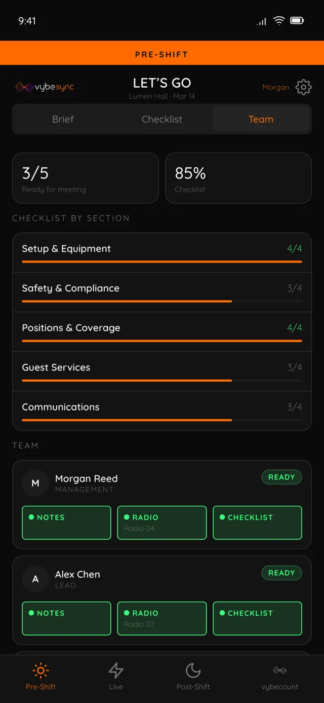 vybesync pre-show setup progress, shown in the app