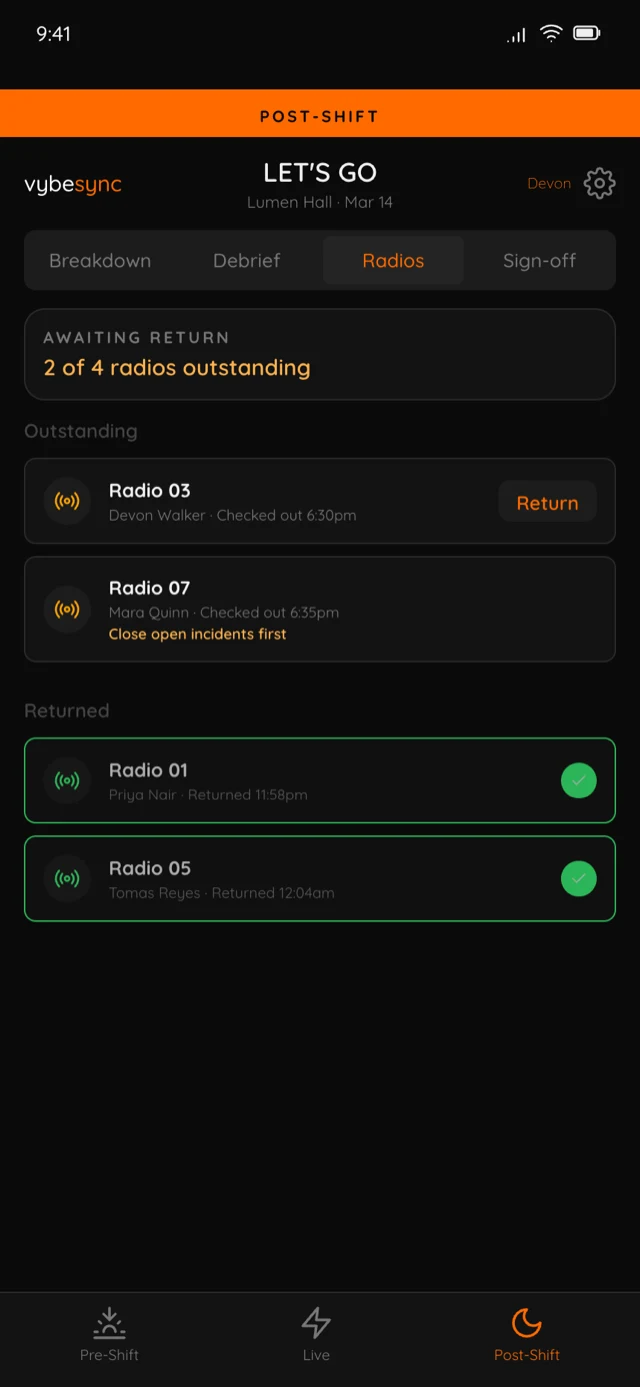 vybesync breakdown and equipment return, shown in the app