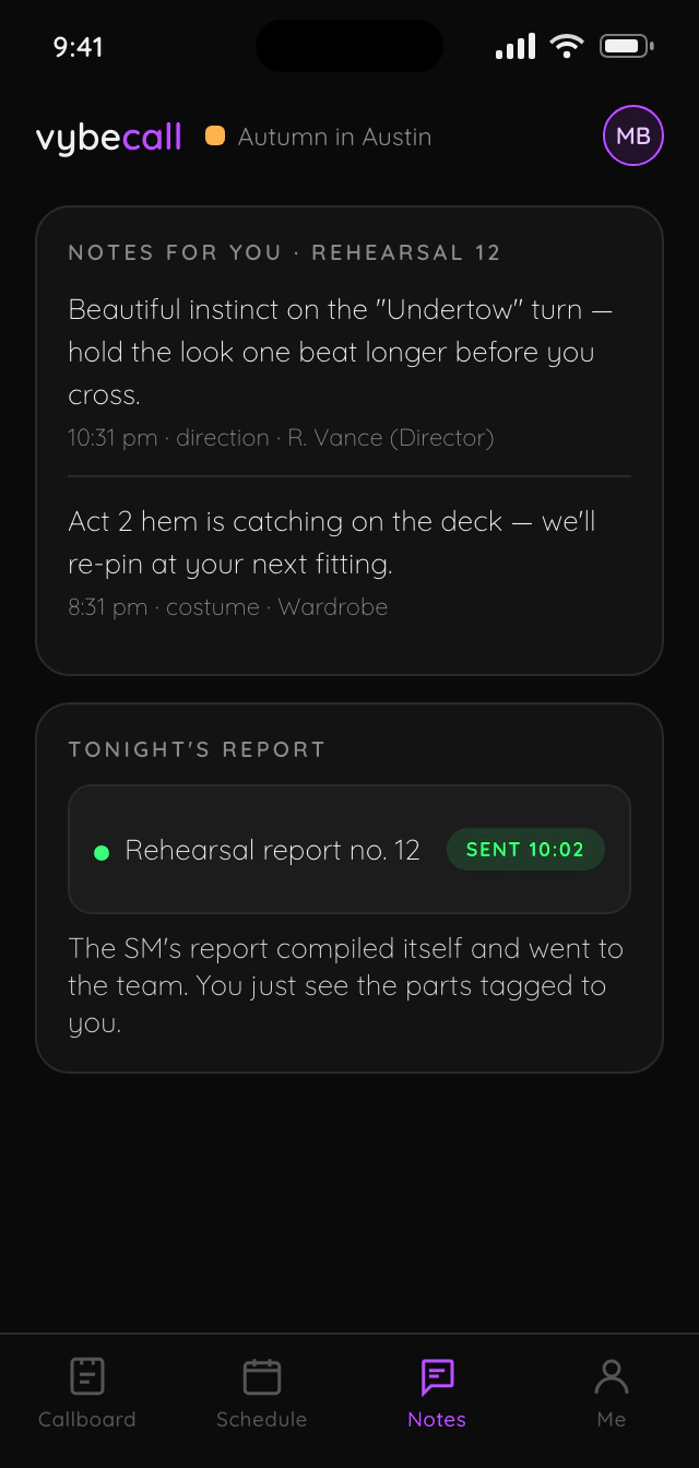 vybecall rehearsal notes concept