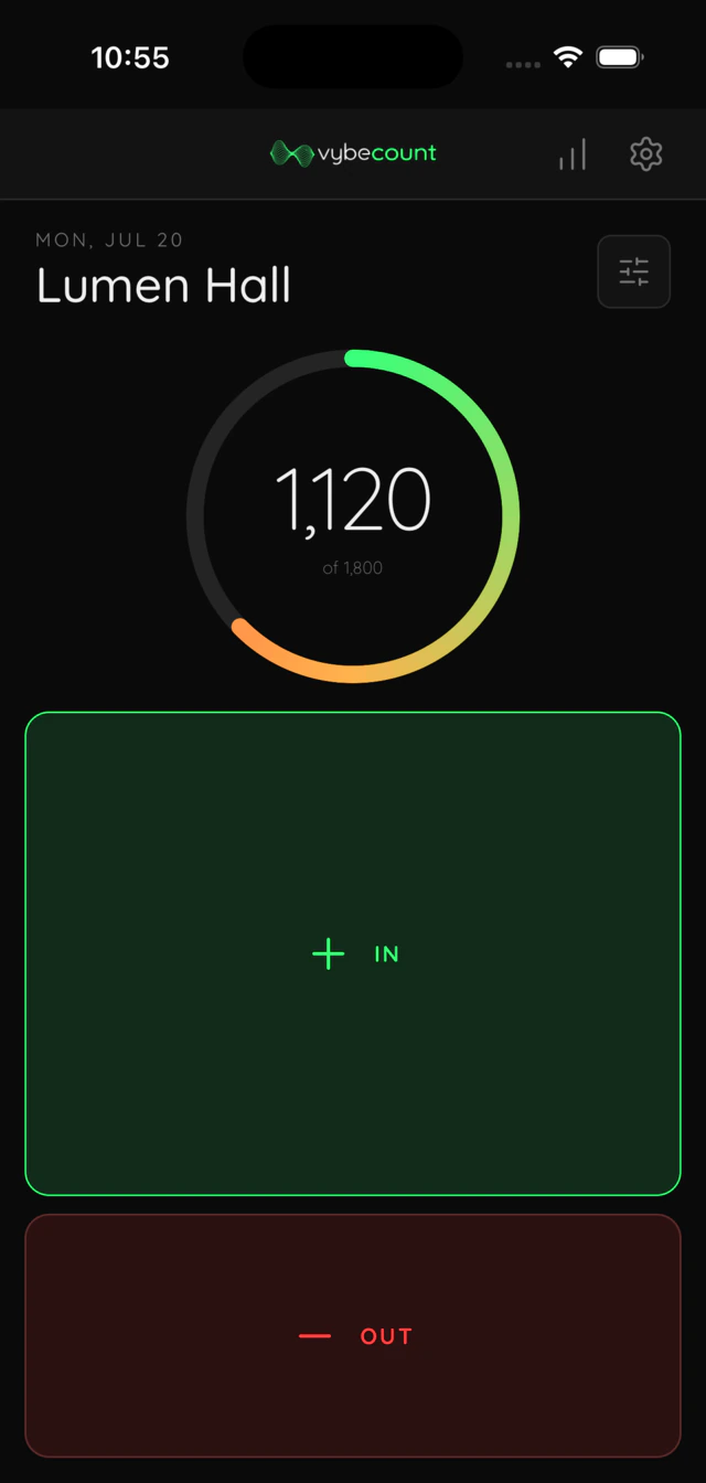 vybecount standalone iOS beta showing a busy live count