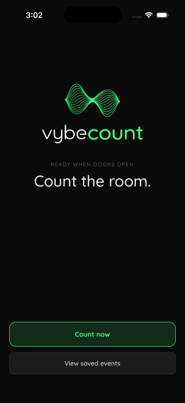 The vybecount home screen: count the room, with count now and view saved events
