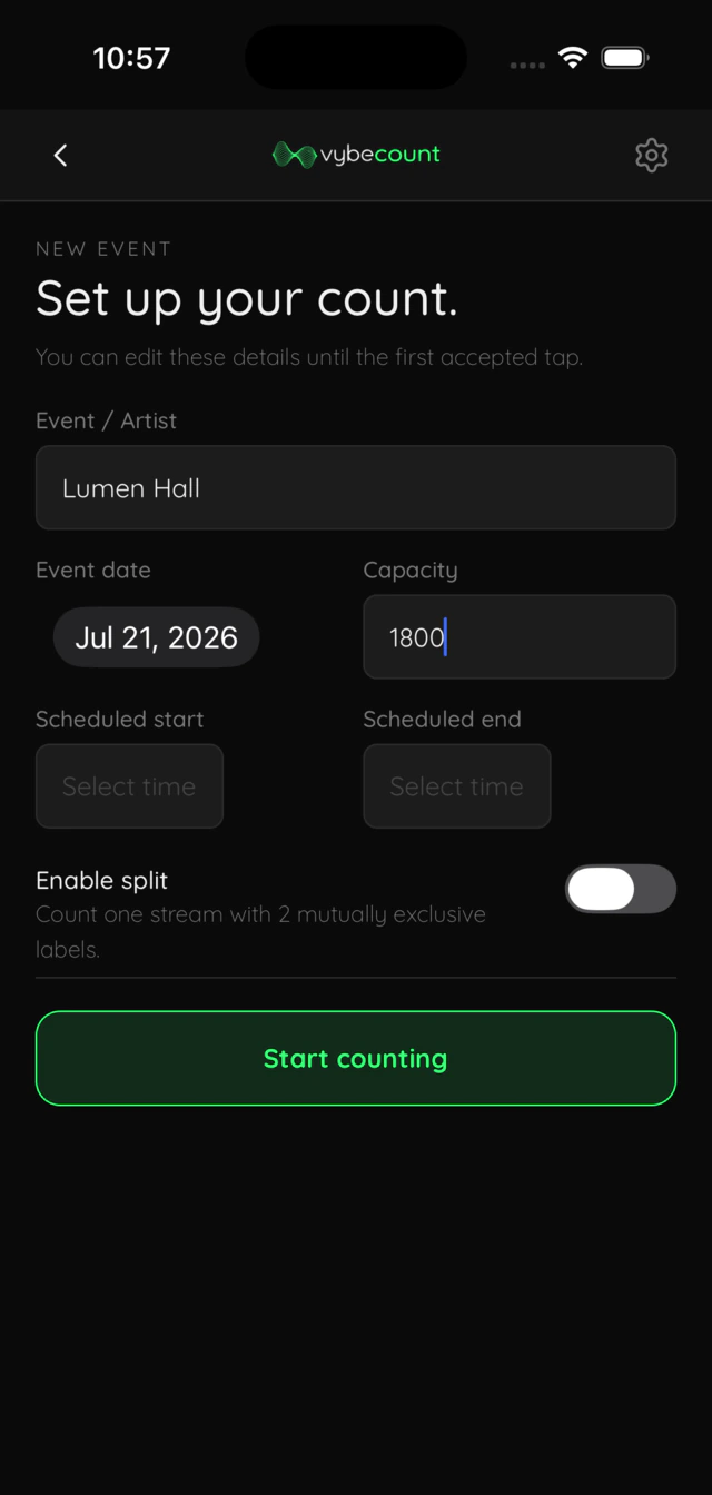 vybecount standalone iOS beta showing night setup